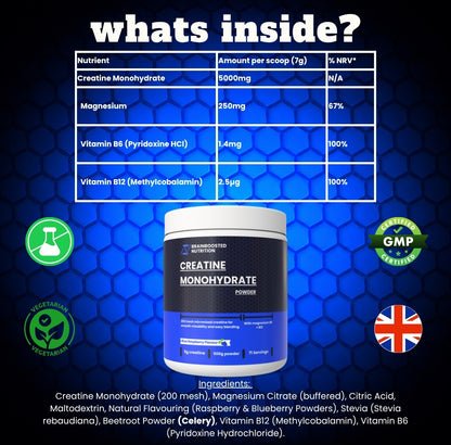 Blue Raspberry Creatine Monohydrate Powder 5g + Magnesium B6 B12 - 500g (71 Servings) 200 Mesh