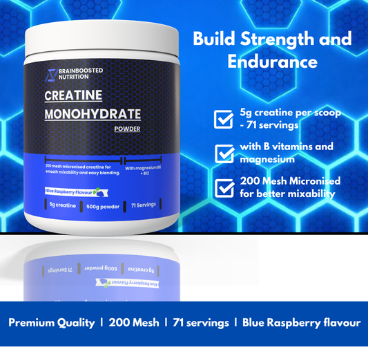 Blue Raspberry Creatine Monohydrate Powder 5g + Magnesium B6 B12 - 500g (71 Servings) 200 Mesh