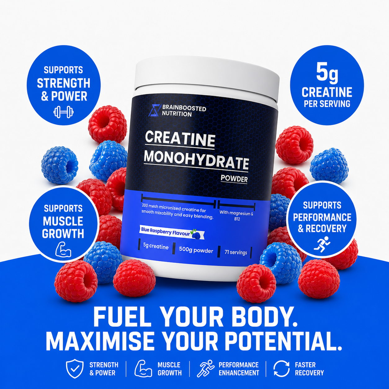 Blue Raspberry Creatine Monohydrate Powder 5g + Magnesium B6 B12 - 500g (71 Servings) 200 Mesh