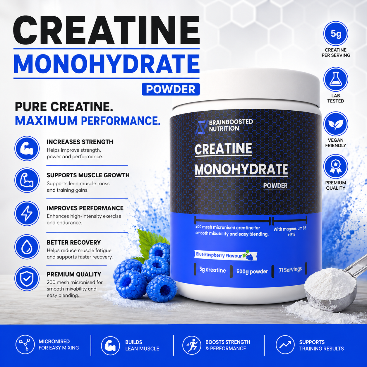 Blue Raspberry Creatine Monohydrate Powder 5g + Magnesium B6 B12 - 500g (71 Servings) 200 Mesh