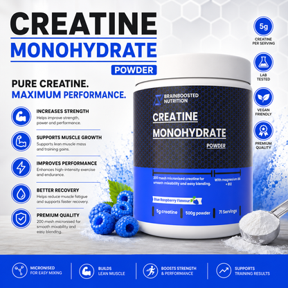 Blue Raspberry Creatine Monohydrate Powder 5g + Magnesium B6 B12 - 500g (71 Servings) 200 Mesh