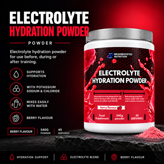 BrainBoosted Electrolyte Hydration Powder – Berry Flavour – 45 Servings, 540g – With Sodium, Potassium & Chloride – Electrolyte Drink Mix
