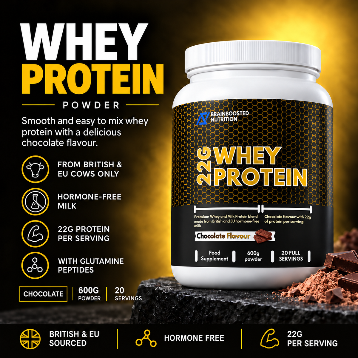 Whey Protein Powder, Chocolate Flavour, 22g Protein, 20 full servings, 600g tub