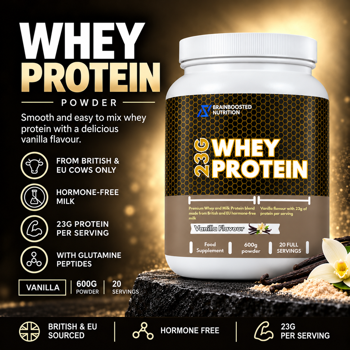 Whey Protein Powder, Vanilla Flavour, 23g Protein, 20 full servings, 600g tub