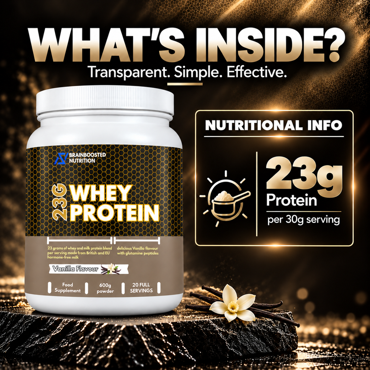 Whey Protein Powder, Vanilla Flavour, 23g Protein, 20 full servings, 600g tub