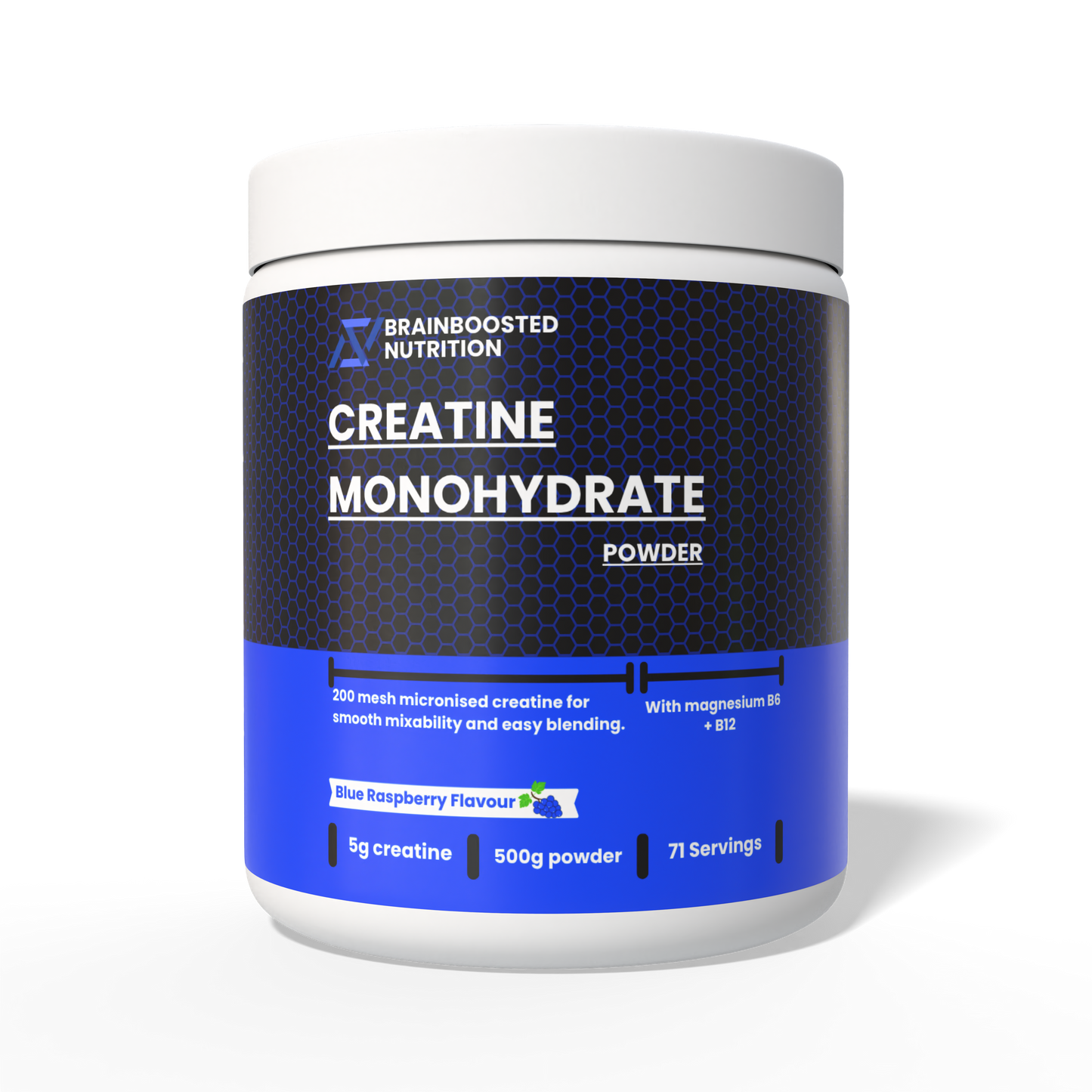 Blue Raspberry Creatine Monohydrate Powder 5g + Magnesium B6 B12 - 500g (71 Servings) 200 Mesh