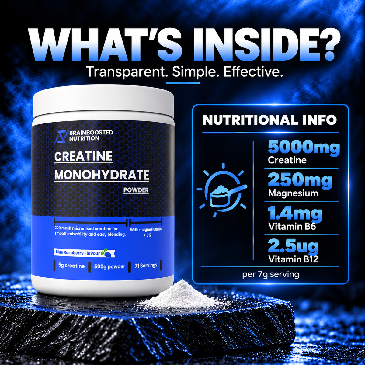 Blue Raspberry Creatine Monohydrate Powder 5g + Magnesium B6 B12 - 500g (71 Servings) 200 Mesh