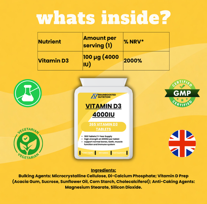 Vitamin D3 4000 IU Tablets - 365 Tablets (1 Year Supply) High Strength
