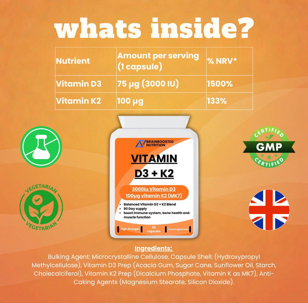 Vitamin D3 3000 IU + K2 100 mcg Capsules - 90 Capsules High Strength
