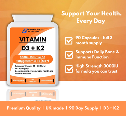Vitamin D3 3000 IU + K2 100 mcg Capsules - 90 Capsules High Strength
