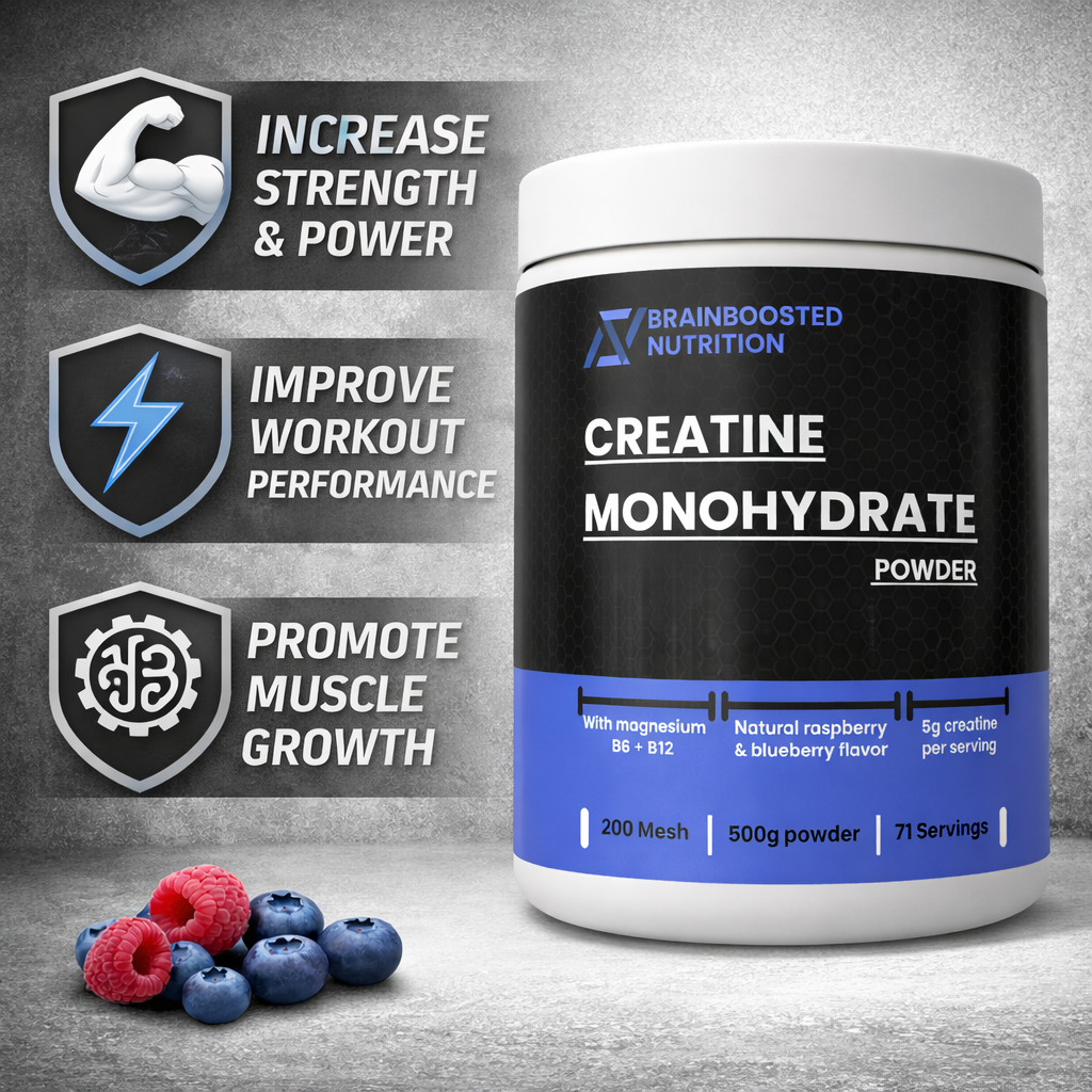 Creatine Monohydrate Powder with Magnesium, B6 & B12 | Raspberry & Blueberry Flavour | 200 Mesh | 500g | 71 Servings