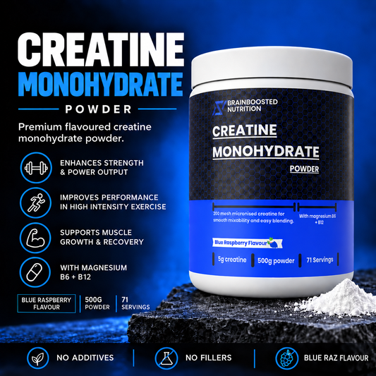 Blue Raspberry Creatine Monohydrate Powder 5g + Magnesium B6 B12 - 500g (71 Servings) 200 Mesh