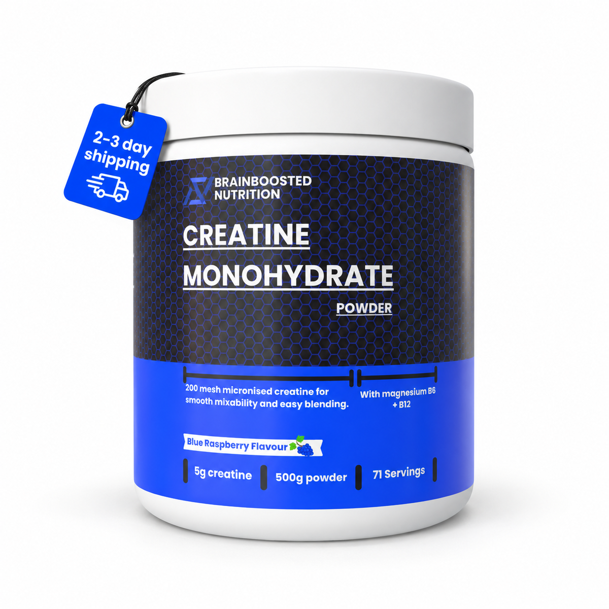 Blue Raspberry Creatine Monohydrate Powder 5g + Magnesium B6 B12 - 500g (71 Servings) 200 Mesh