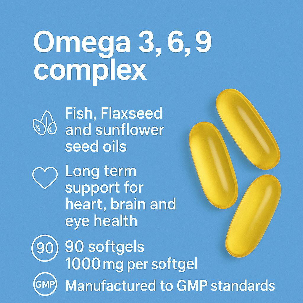 Omega 3, 6 & 9 – Brain, Heart & Vision Support – 90 Softgels