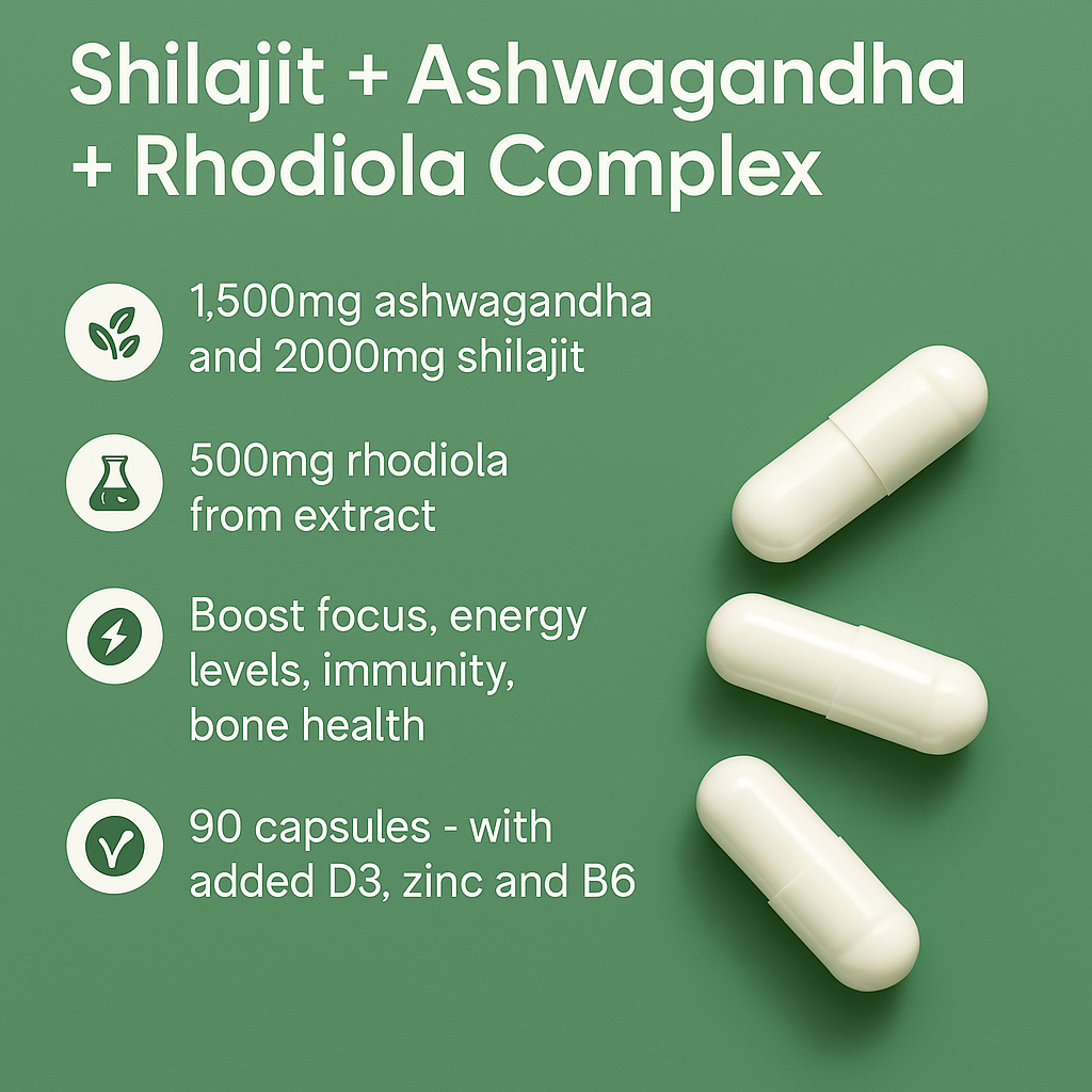 Shilajit, Ashwagandha, Rhodiola – Adaptogen Energy & Brain Vitality – 90 Capsules
