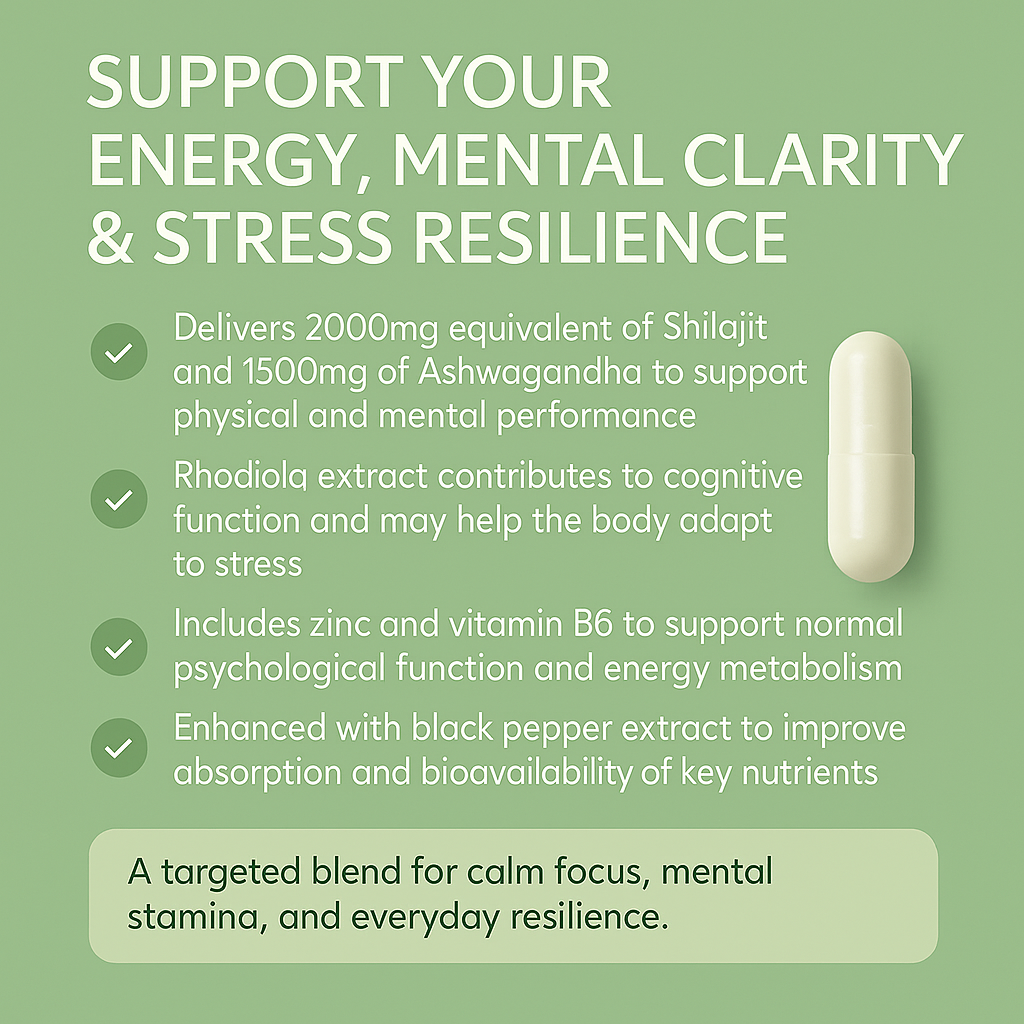 Shilajit, Ashwagandha, Rhodiola – Adaptogen Energy & Brain Vitality – 90 Capsules