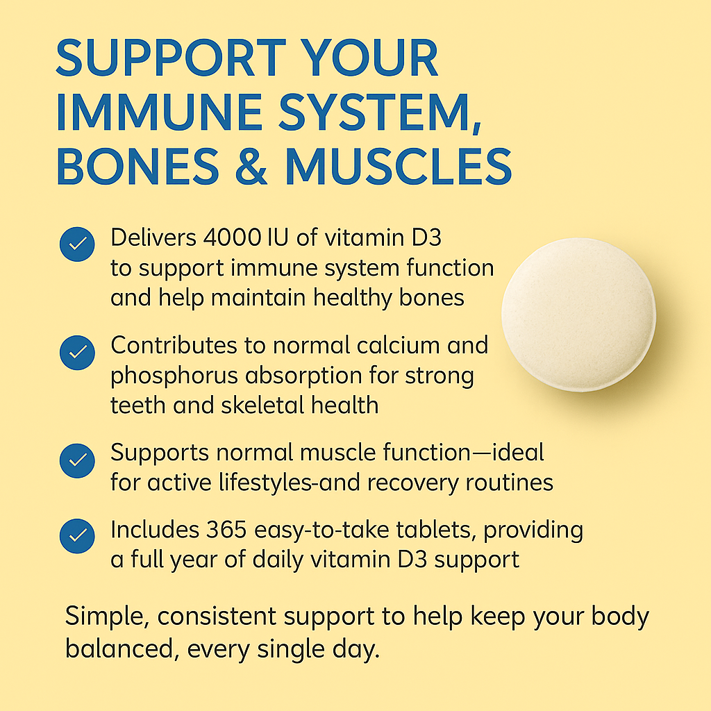 Vitamin D3 4000IU – High-Strength Bone & Immune Support – 1-Year Supply