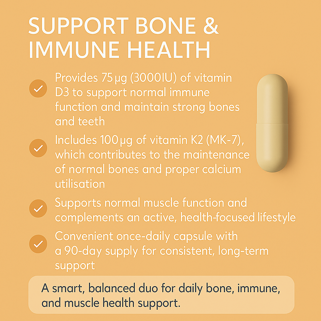 Vitamin D3 + K2 – Strong Bones & Immune Support – 90 Capsules