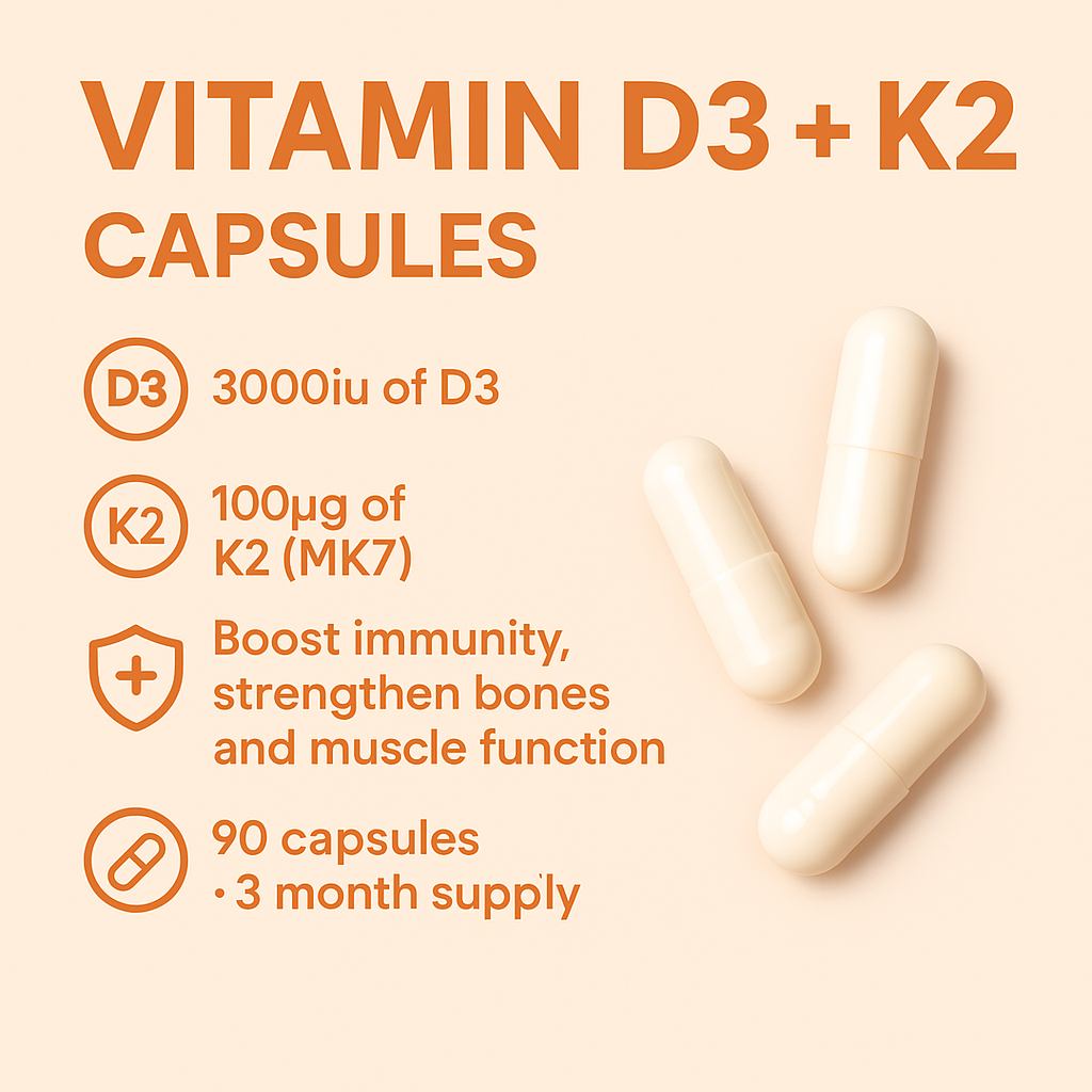 Vitamin D3 + K2 – Strong Bones & Immune Support – 90 Capsules
